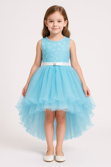 Stylish Blue High Low Party Dress for Girls with Floral Embroidered Bodice and Layered Net Skirt