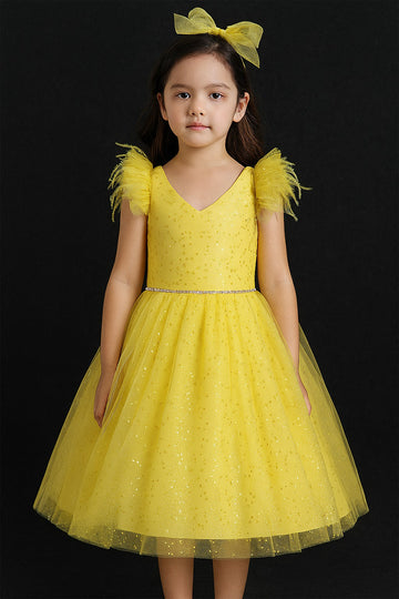 Radiant Yellow Glitter Party Dress for Girls with Puff Sleeves and Pearl Waistband