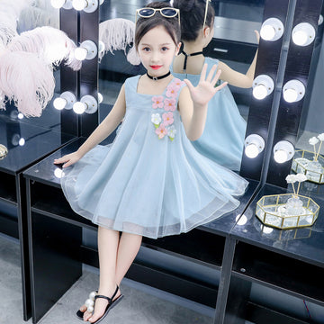 Elegant Light Blue Sleeveless Tulle Party Dress for Girls with 3D Floral Appliqué