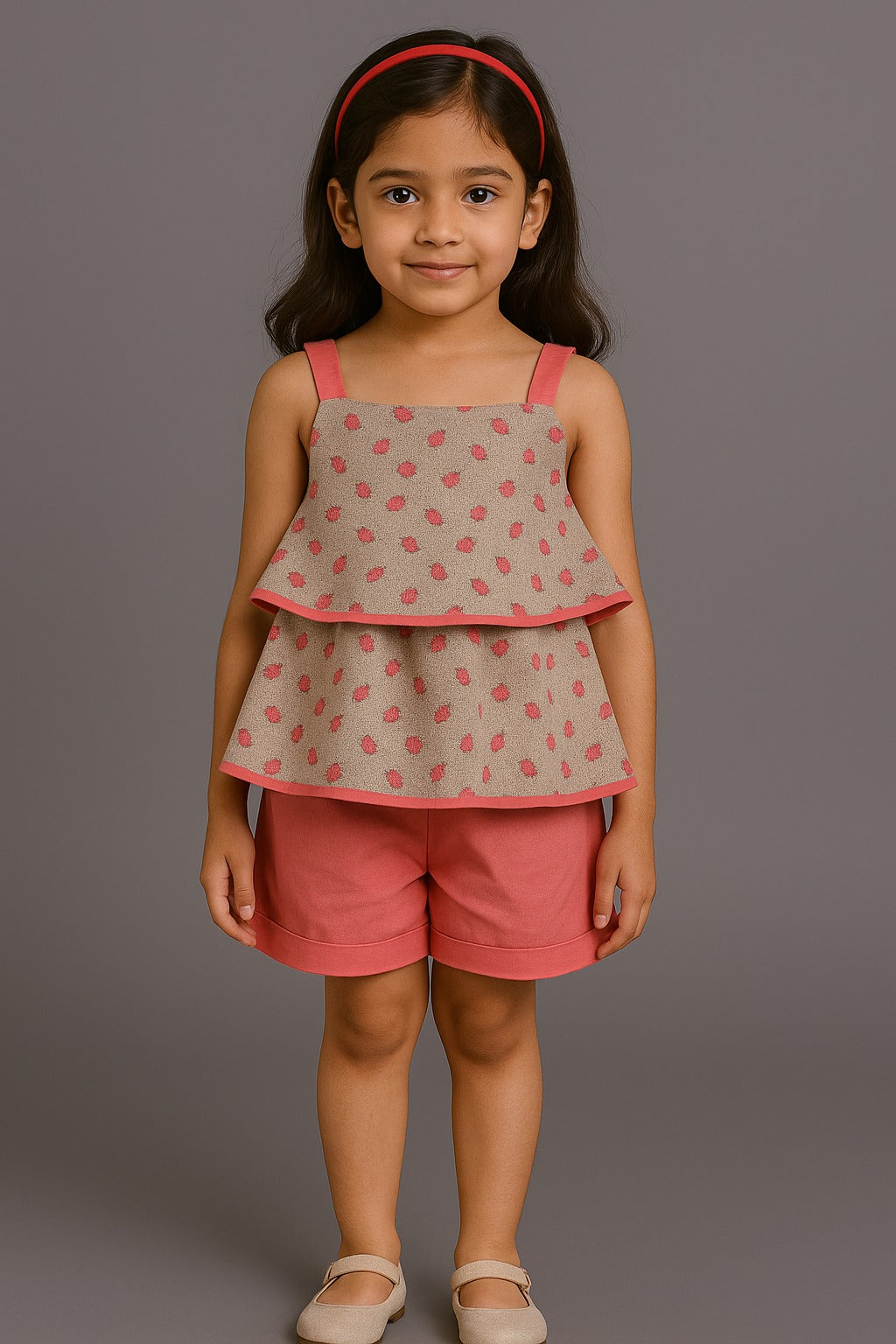 Girls' Summer Strawberry Print Frill Top with Shorts Set – Pink & Beige - Inayah Fashion