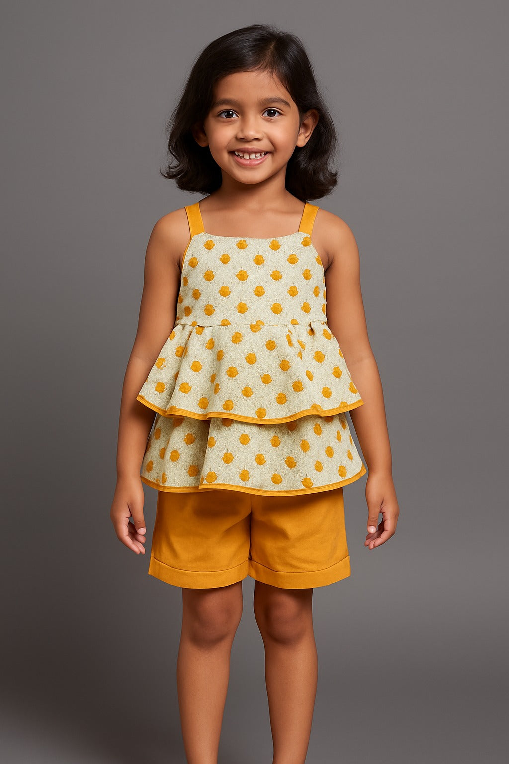 Yellow Ladybug Printed Frill Top with Matching Shorts for Girls - Inayah Fashion