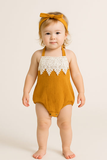 Beautiful Yellow Floral Applique Lace Baba Suit