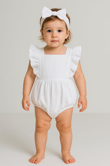 Blossom White Floral Applique Lace Baba Suit With Head Band