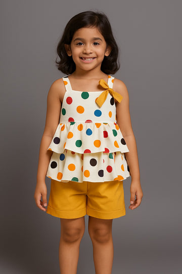 Colorful Polka Dot Sleeveless Top with Yellow Shorts for Baby Girls