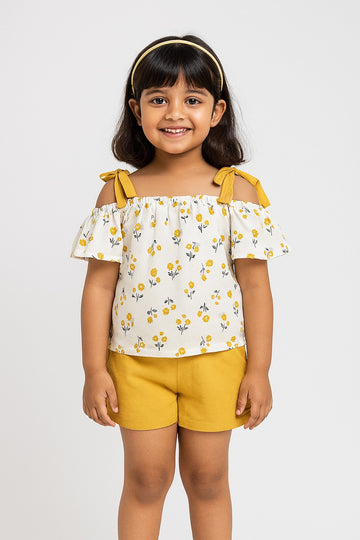 Yellow Floral Off-Shoulder Top with Shorts for Baby Girls