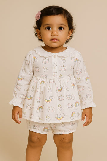 Rainbow and Kitty Printed White Cotton Nightwear Set for Baby Girls - Inayah Fashion