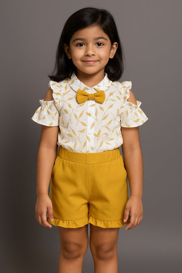 White and Mustard Wheat Print Baby Girl Summer Set