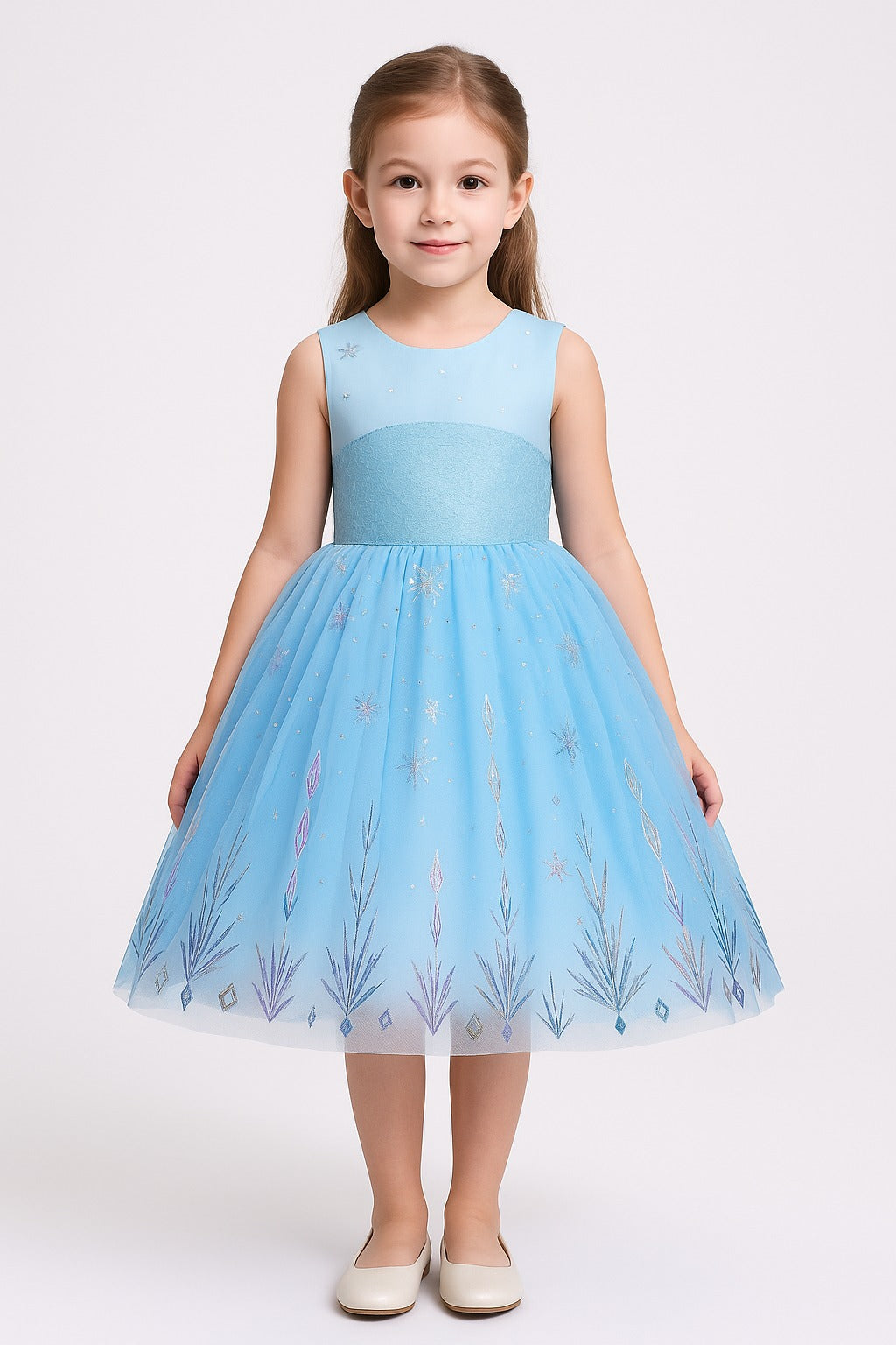 Ice Blue Snowflake Princess Party Gown for Girls with Glitter Tulle Skirt - Inayah Fashion