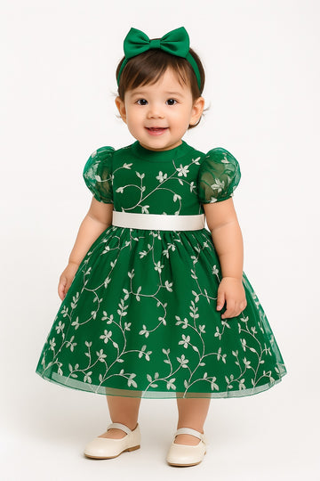 Emerald Elegance Embroidered Puff Sleeve Party Frock for Baby Girls