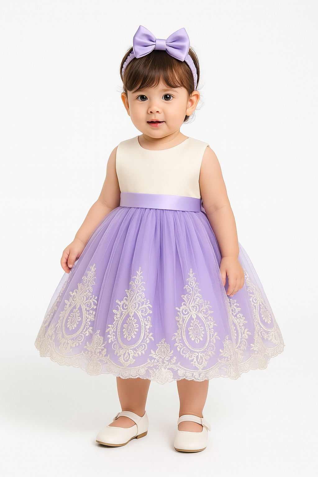Lavender Tulle Baby Frock with Embroidered Hem and Matching Headband - Inayah Fashion