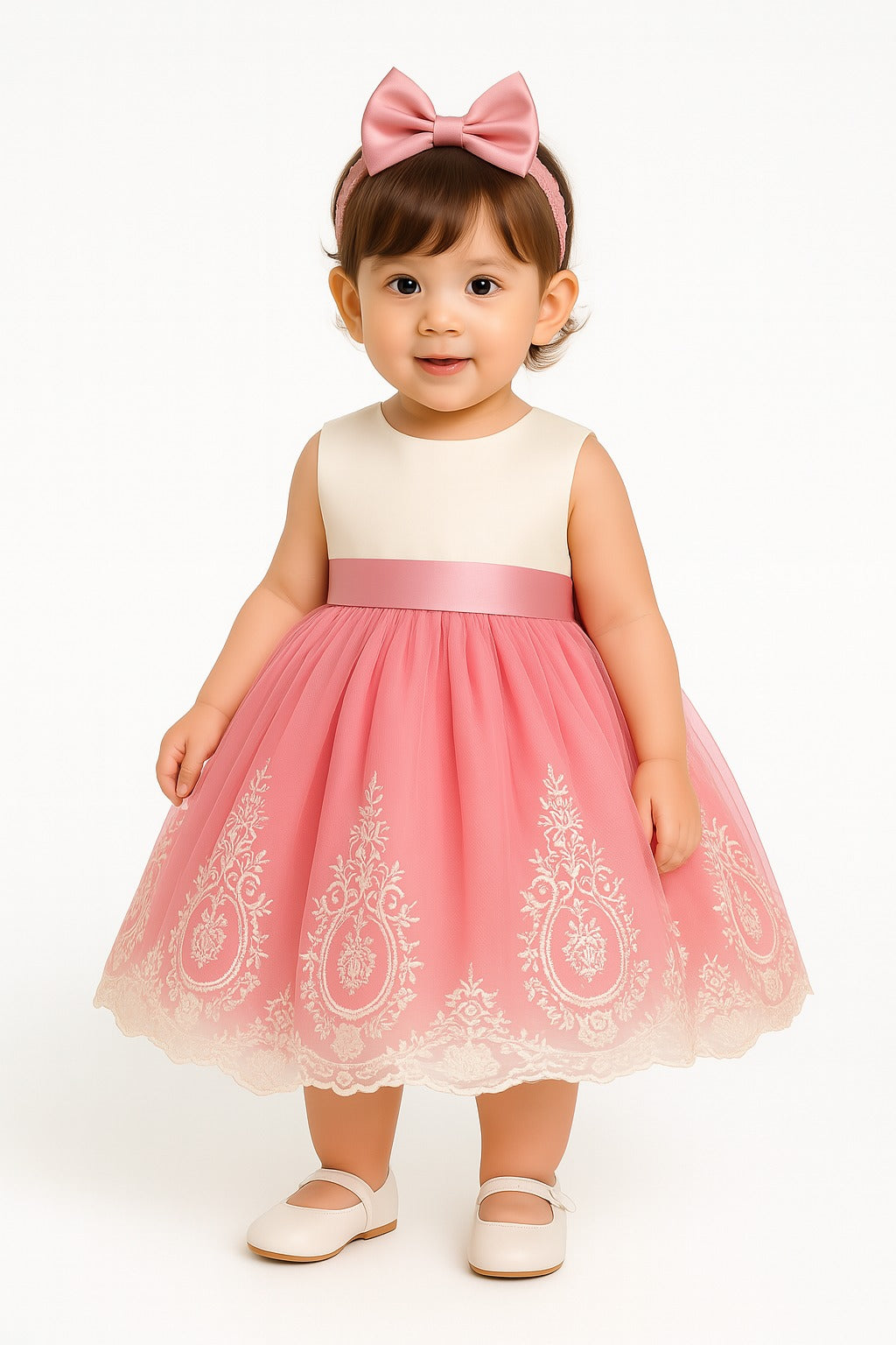 Elegant Pink Embroidered Baby Girl Frock with Headband – Princess Party Dress - Inayah Fashion