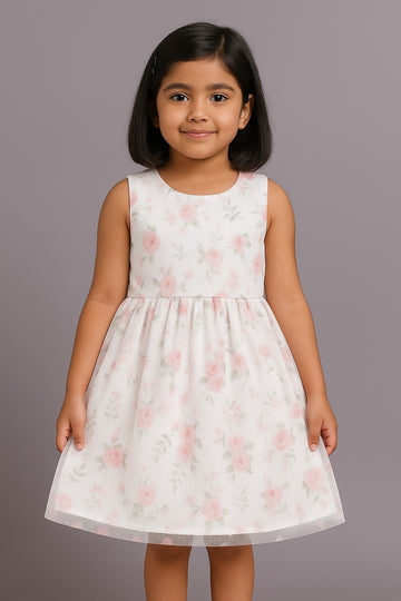 Soft White Sleeveless Floral Dress for Girls with Pink Rose Print and Net Overlay