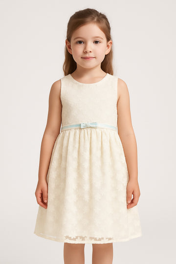 Elegant Cream Sleeveless Lace Dress for Girls with Floral Net Design and Pastel Belt