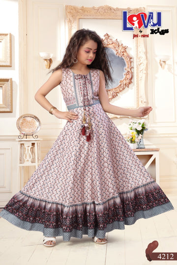 Trendy Sleeveless Printed Flared Gown for Girls with Tassel Tie Neckline and Multi Layer Hem