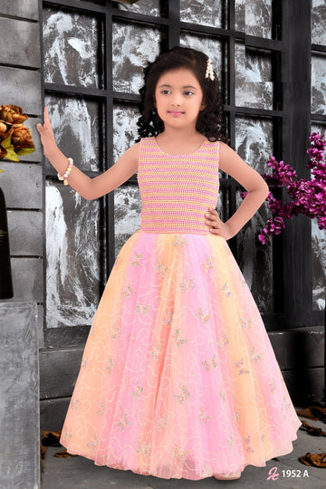 Pastel Pink & Peach Ombre Gown with Butterfly Embroidery