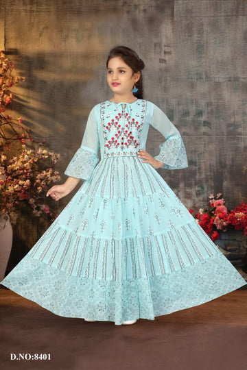 Sky Blue Floor-Length Gown for Girls with Red Floral Embroidery – Elegant Party & Festive Wear