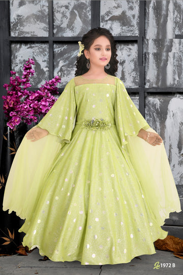 Light Green Designer Gown for Girls with Cape Sleeves & Floral Waist – Premium Partywear