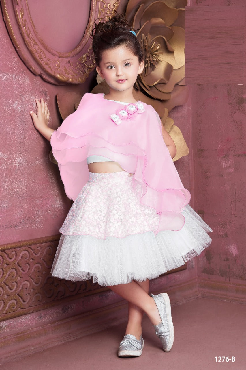 Pink Floral Cape Crop Top & Layered White Skirt Party Dress - Inayah Fashion