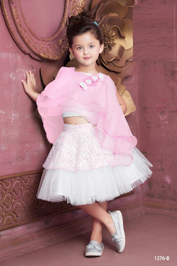 Pink Floral Cape Crop Top & Layered White Skirt Party Dress - Inayah Fashion
