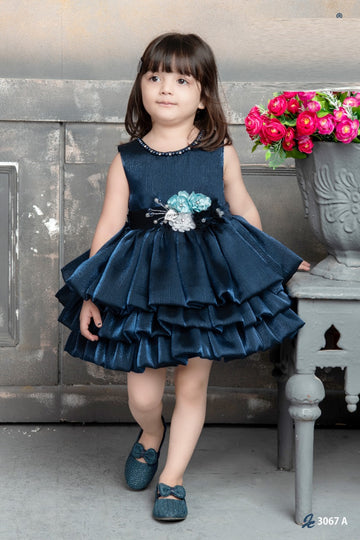 Navy Blue Layered Party Frock with Floral Belt for Girls – Elegant & Stylish