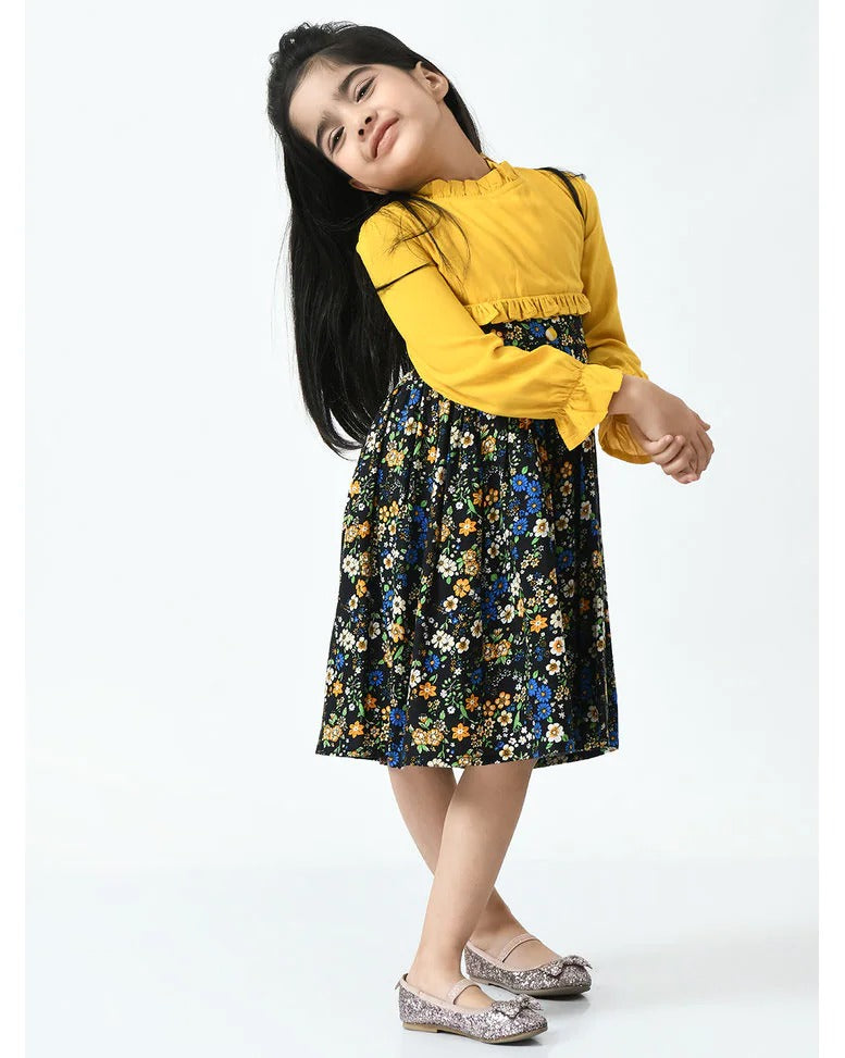 Girls' Yellow & Floral Black Dress – Long Sleeve Casual Frock for Everyday Style - Inayah Fashion