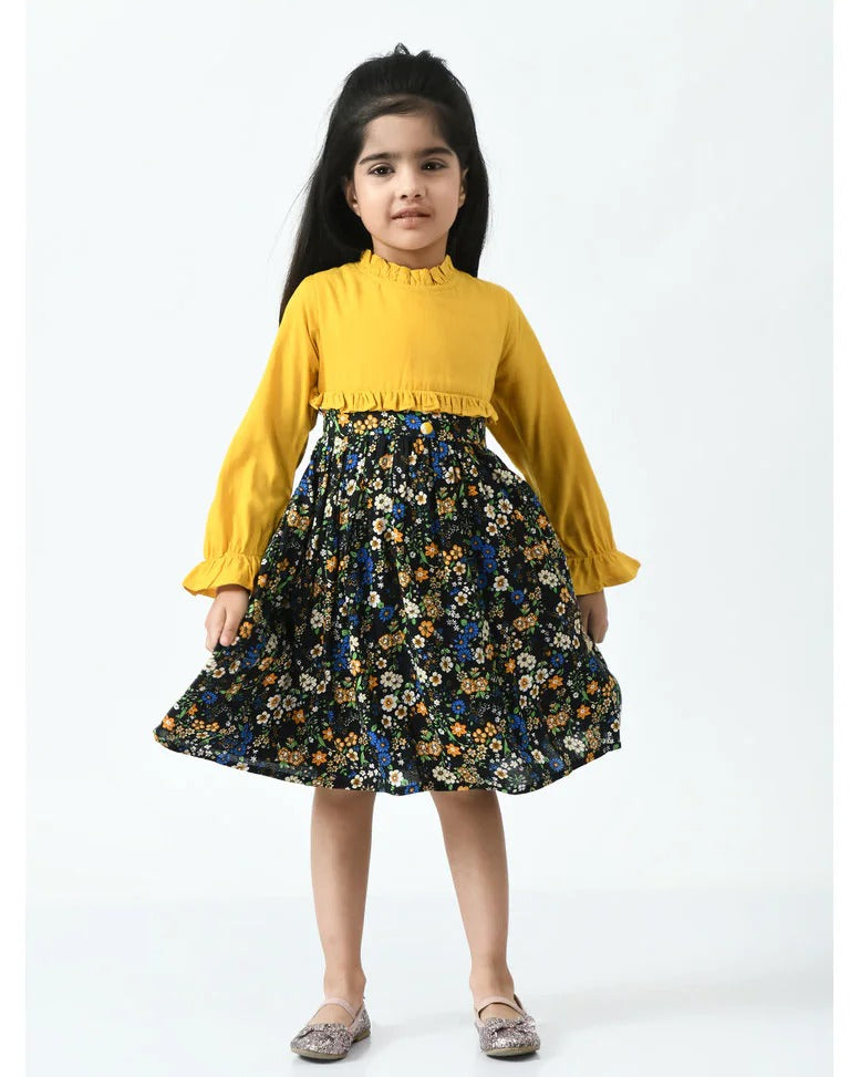 Girls' Yellow & Floral Black Dress – Long Sleeve Casual Frock for Everyday Style - Inayah Fashion