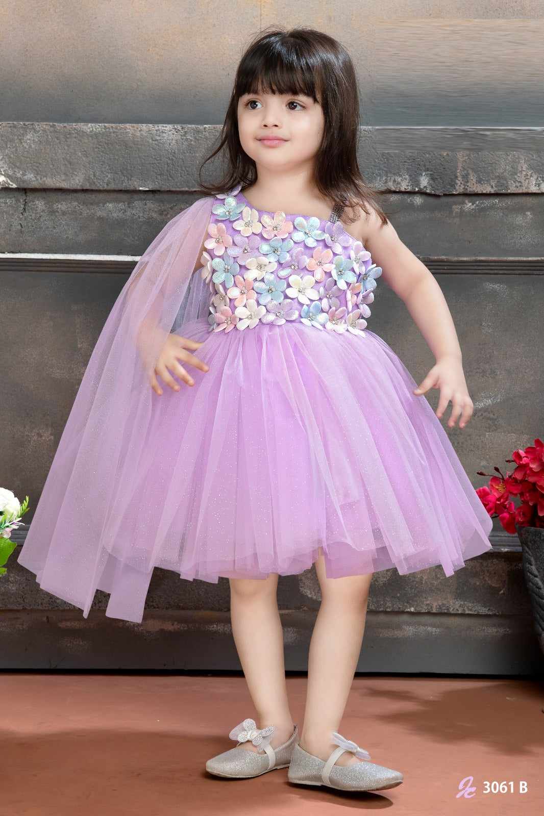 Lilac One-Shoulder 3D Floral Tulle Party Dress for Girls - Inayah Fashion