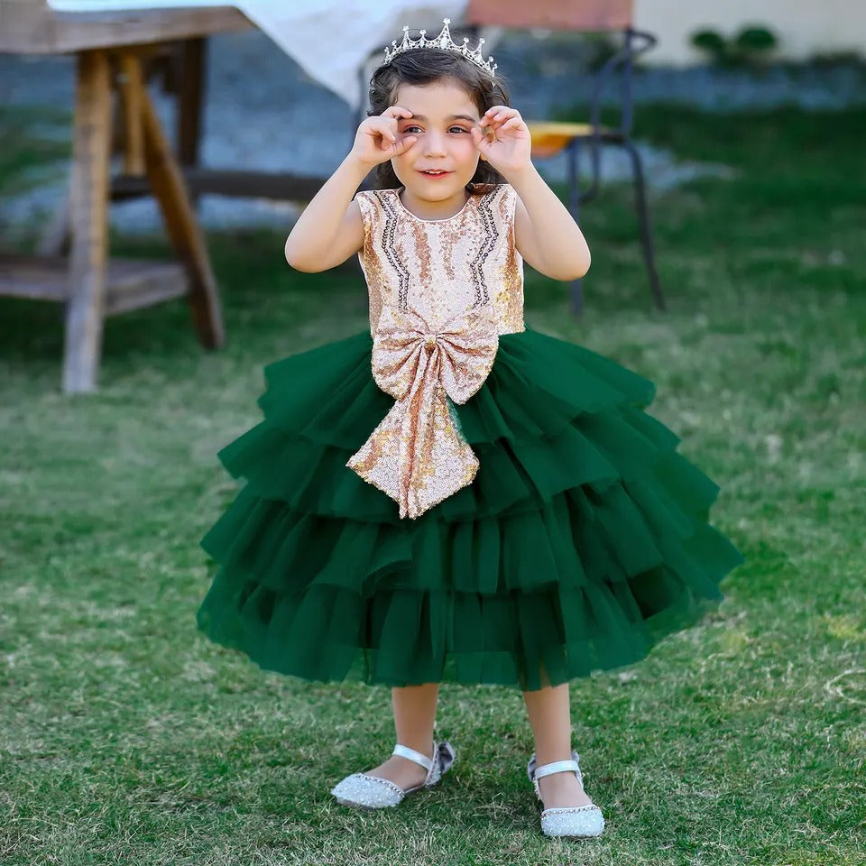 Emerald Green Ruffle Tulle Party Dress with Sequin Bodice - Inayah Fashion