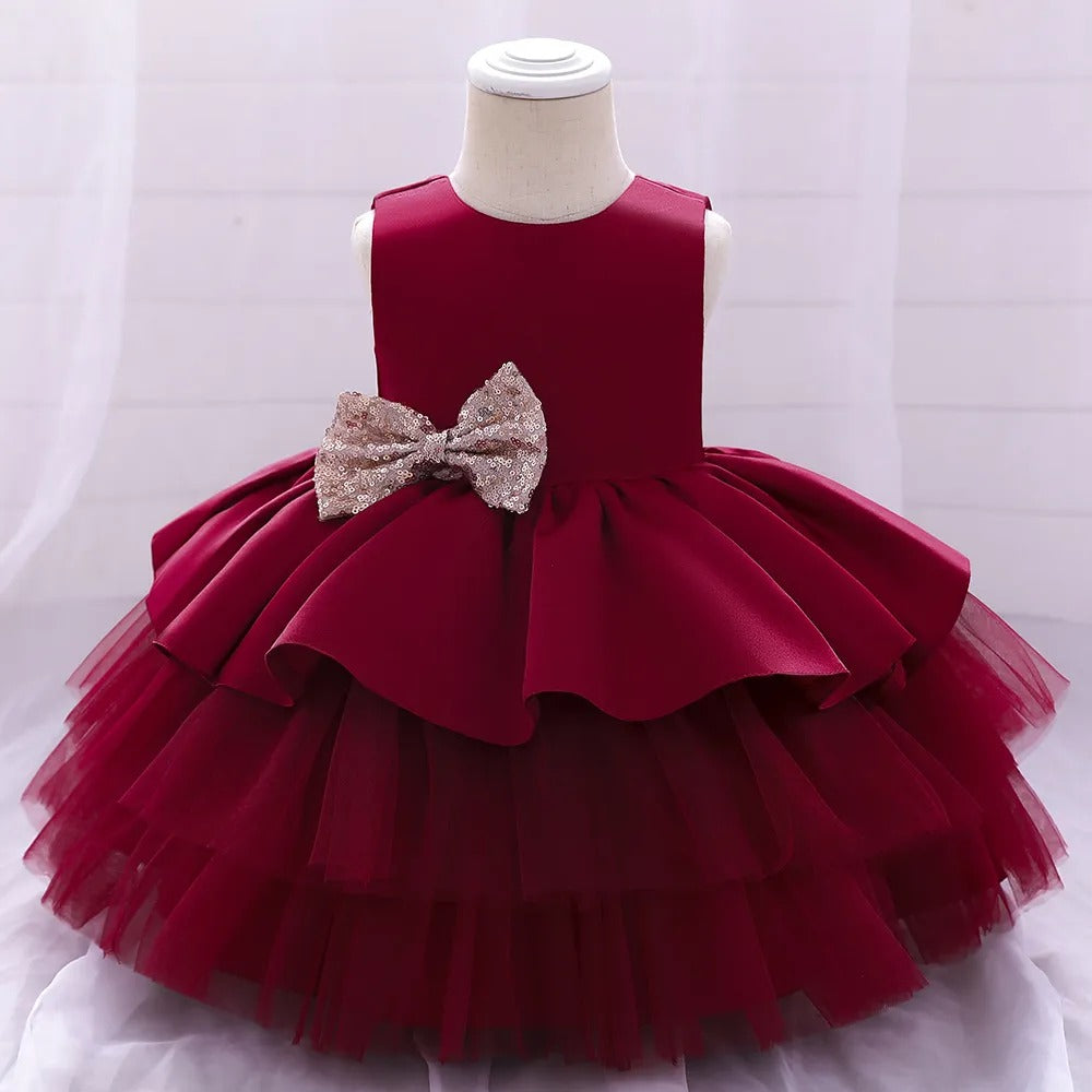 Baby Girls' Wine Red Partywear Dress – Layered Tulle Gown with Sequin Bow - Inayah Fashion