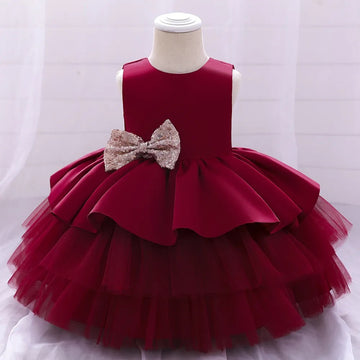Baby Girls' Wine Red Partywear Dress – Layered Tulle Gown with Sequin Bow - Inayah Fashion