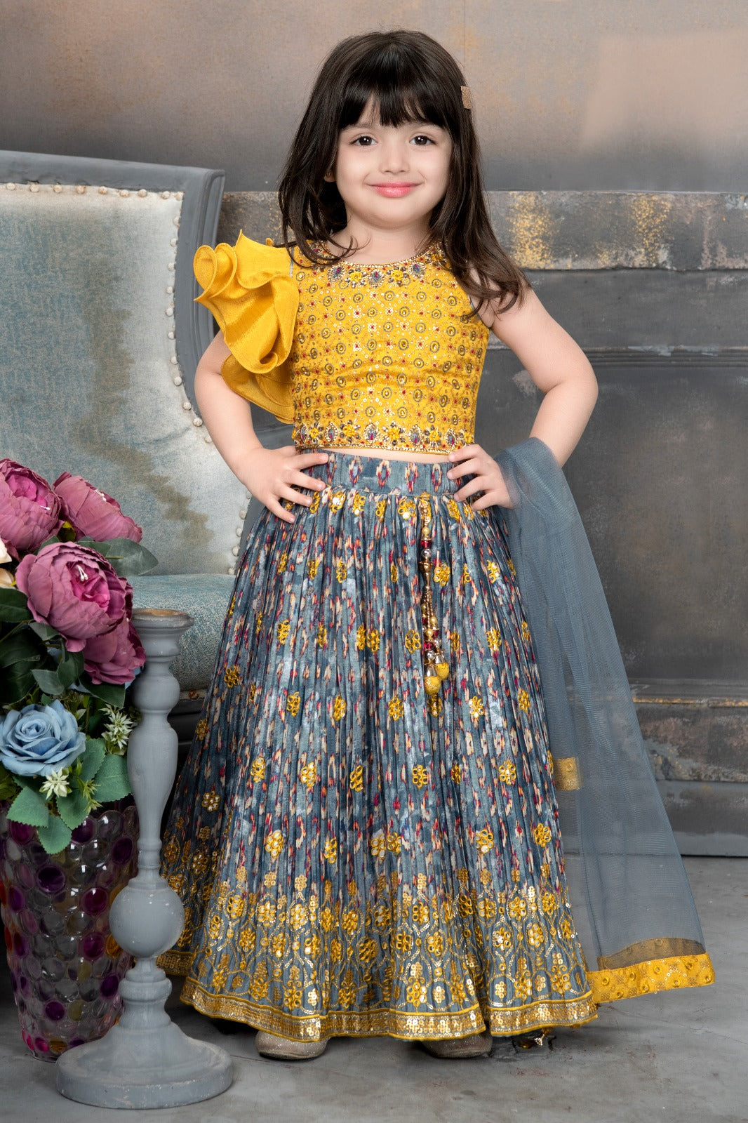 Girls Multi Coloured imported Ethnic Print Lehenga and Choli Set with Dupatta - Inayah Fashion