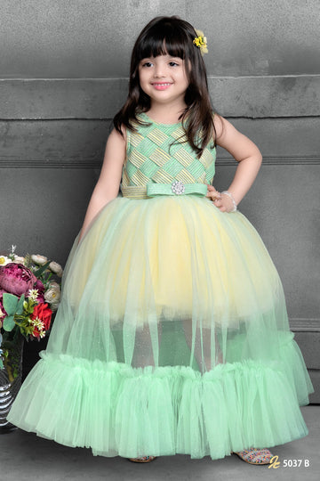 Mint Green and Yellow Party Gown for Girls with Sparkle Tulle & Designer Bodice
