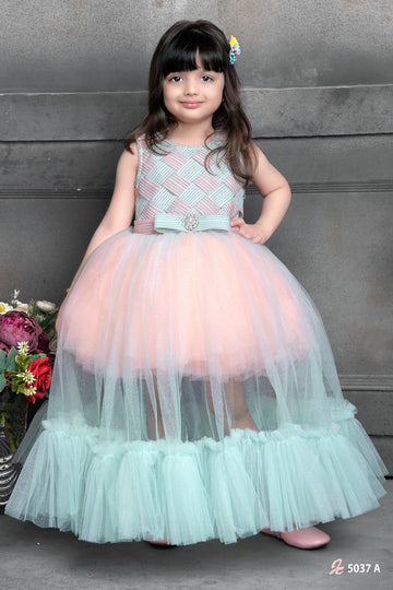 Pastel Peach & Mint Green Layered Gown for Girls with Bow Waist
