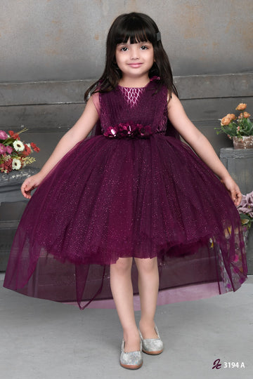 Elegant Wine Color High-Low Princess Party Dress with Sparkling Tulle Layers and Floral Waist Detail for Girls