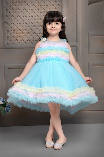 Pastel Aqua Rainbow Ruffle Net Party Frock for Girls