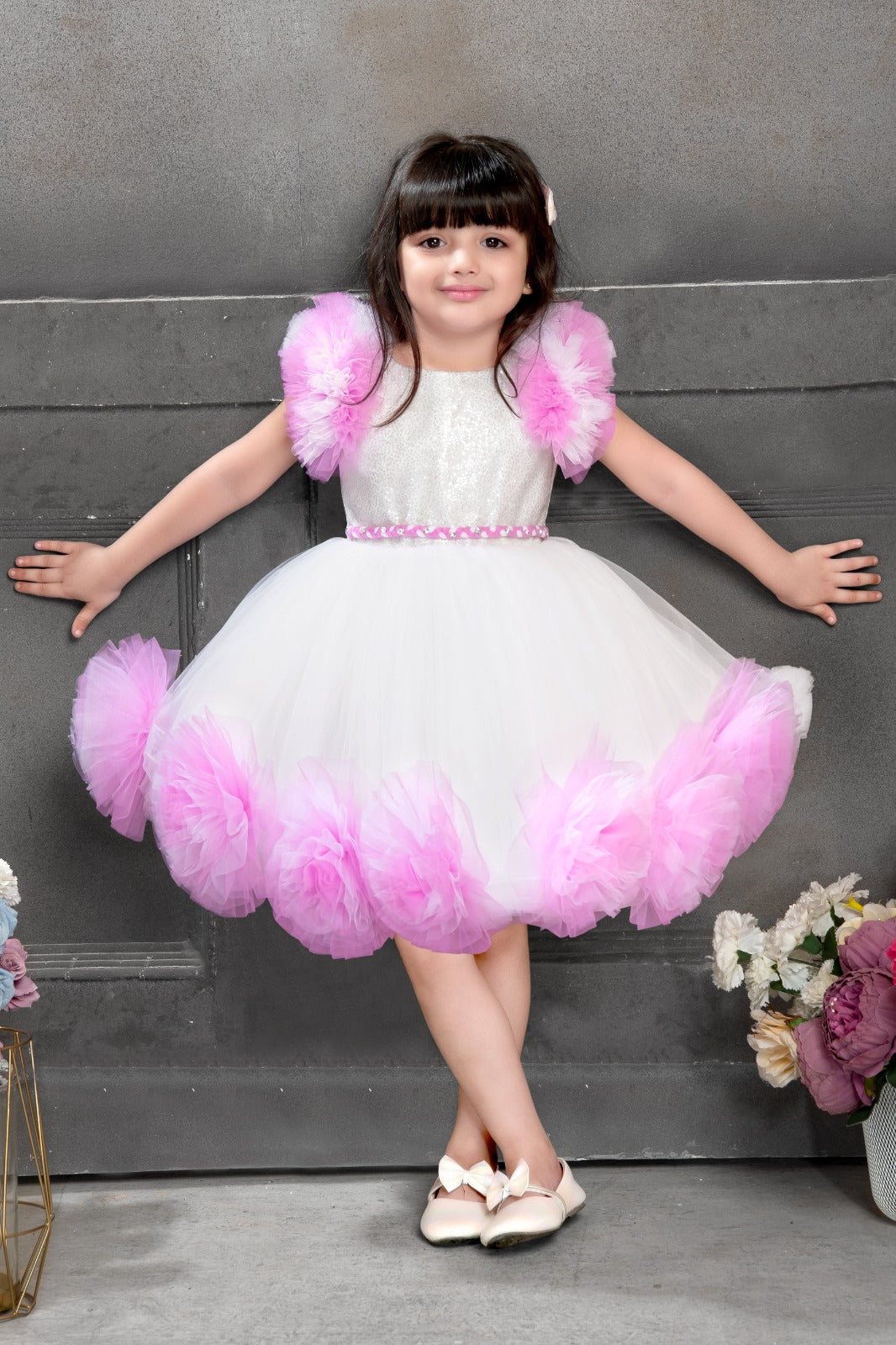 White Party Frock for Girls with Pink Puffy Flowers and Sequins