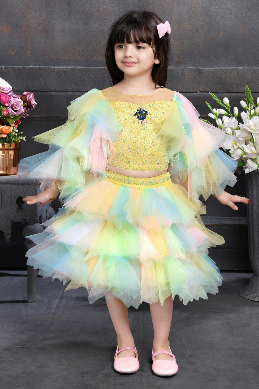 Elegant Multi Layered Party wear Applique Sleeve Party Dress - Inayah Fashion