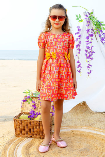 Tropical Sunset Print Summer Dress with Yellow Bow Accents for Girls - Inayah Fashion