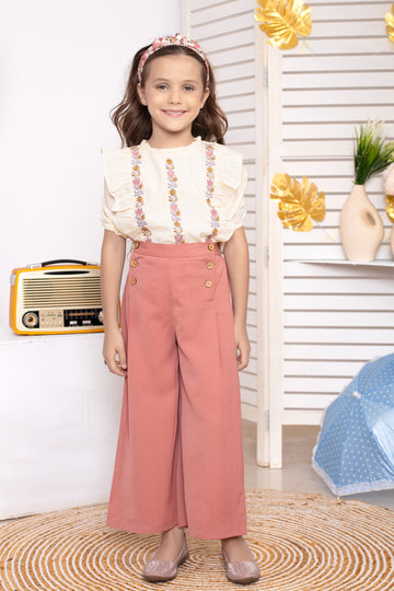 Trendy Girls' Embroidered Ruffle Top with Peach Wide-Leg Trousers – Elegant Casual Set - Inayah Fashion