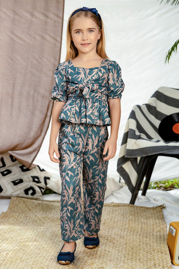 Enchanted Autumn Whispers: Elegance in Teal and Coral Two piece set - Inayah Fashion