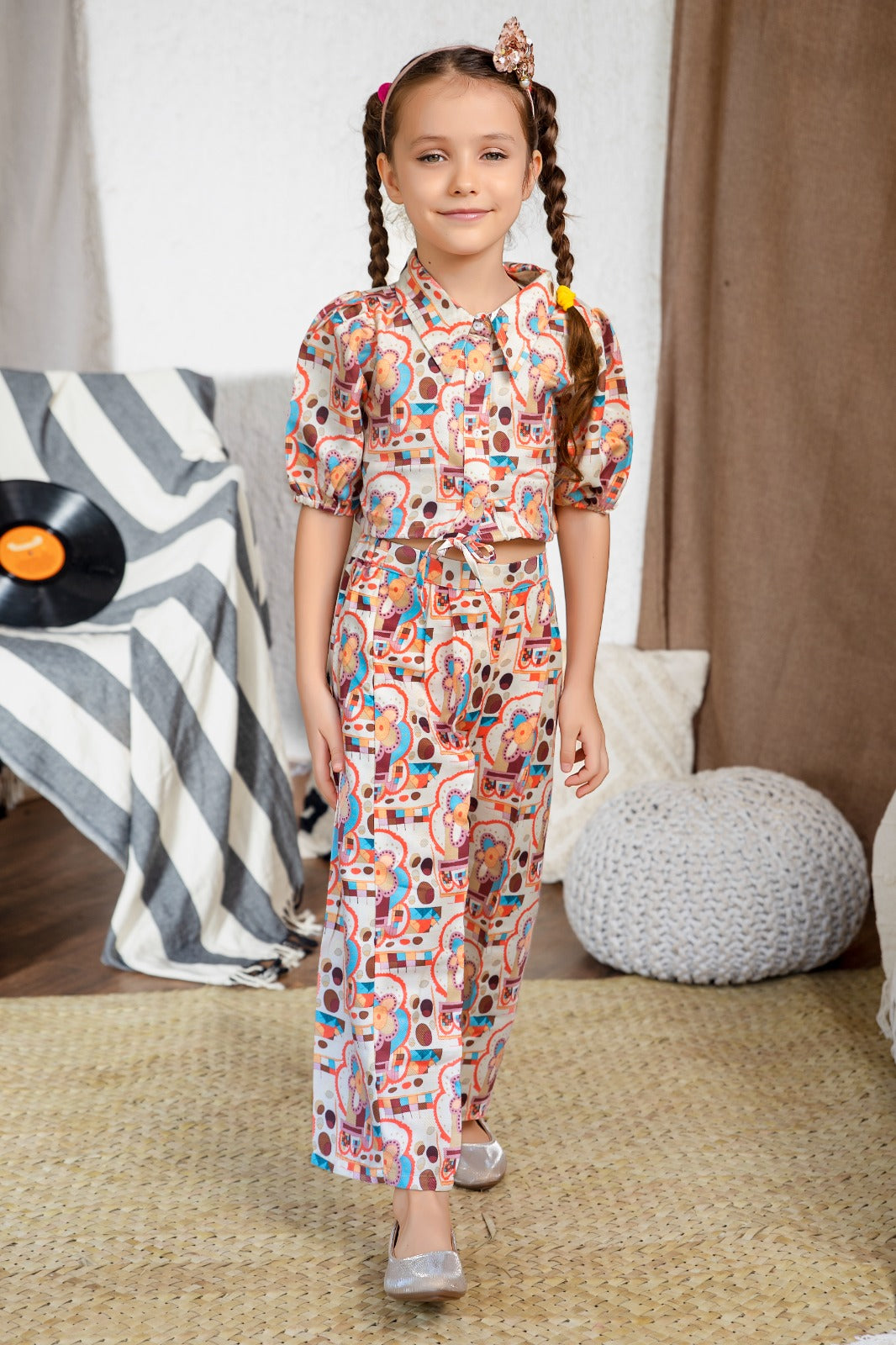 Retro Print Co-Ord Set for Girls – Stylish Shirt & Wide-Leg Pants - Inayah Fashion