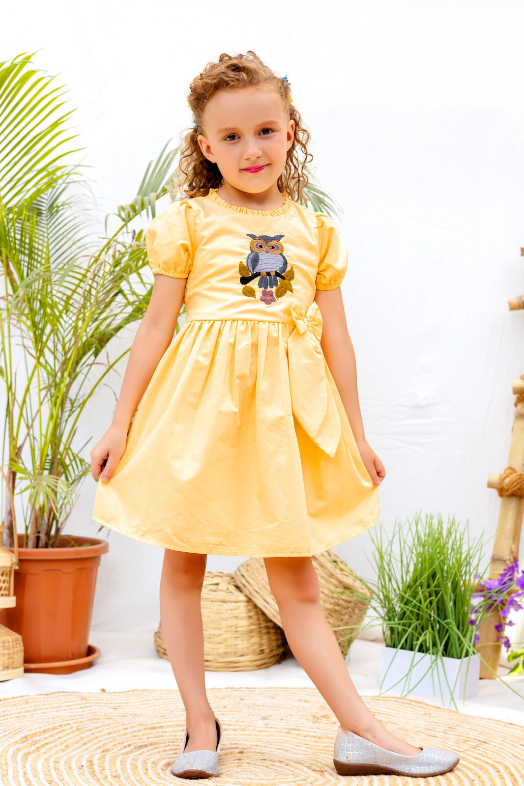 Golden Owl Embroidered Puff Sleeve Dress for GIRLS - Inayah Fashion