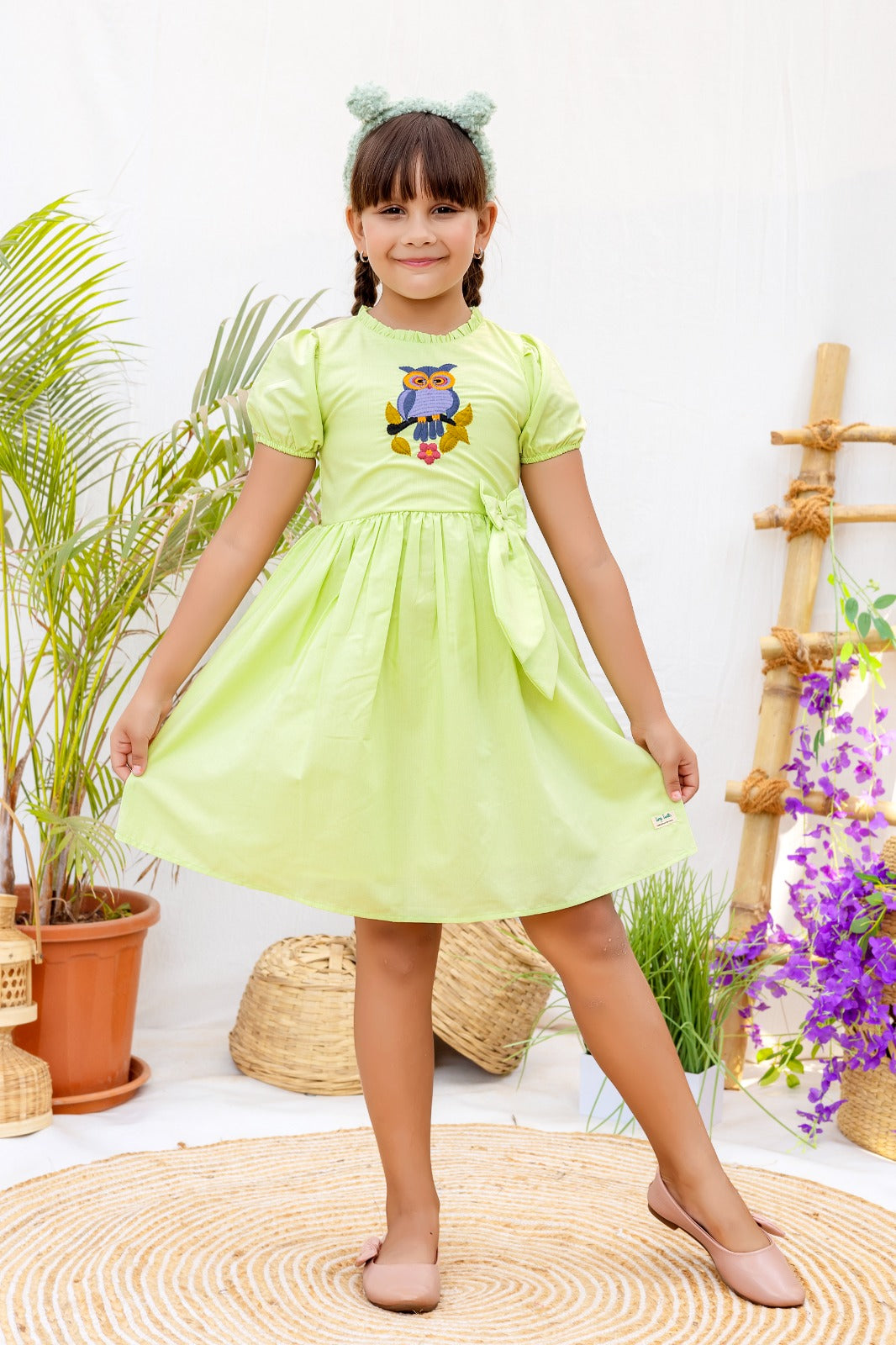 Spring Delight Collection playful striped and floral pattern in soothing shades of adorable Lime Green Dress - Inayah Fashion