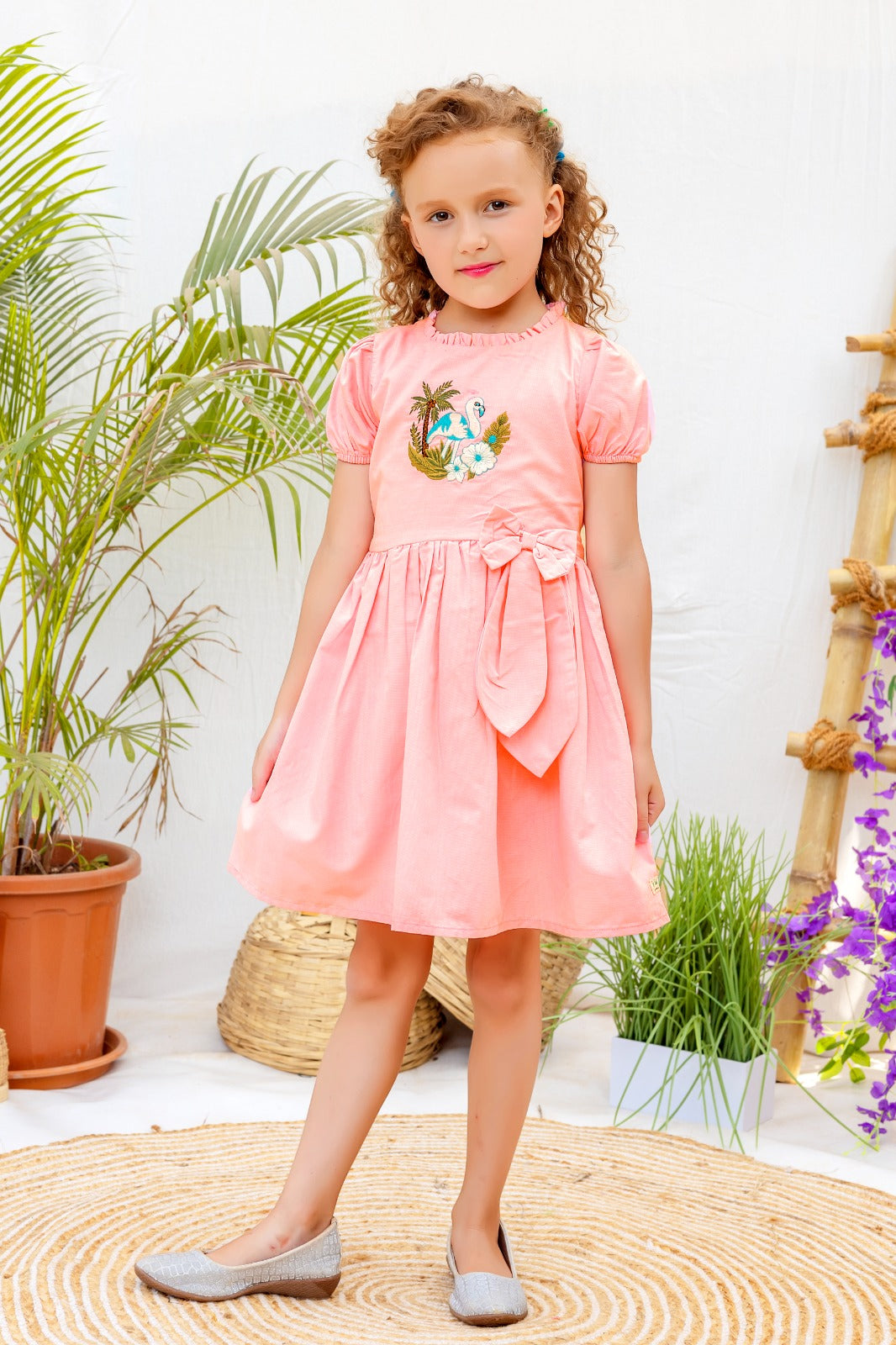 Tropical Charm Embroidered Puff Sleeve Dress for Girls - Inayah Fashion
