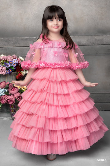 Princess Blossom Gown – Layered Pink Party Dress with Floral Cape Charm - Inayah Fashion