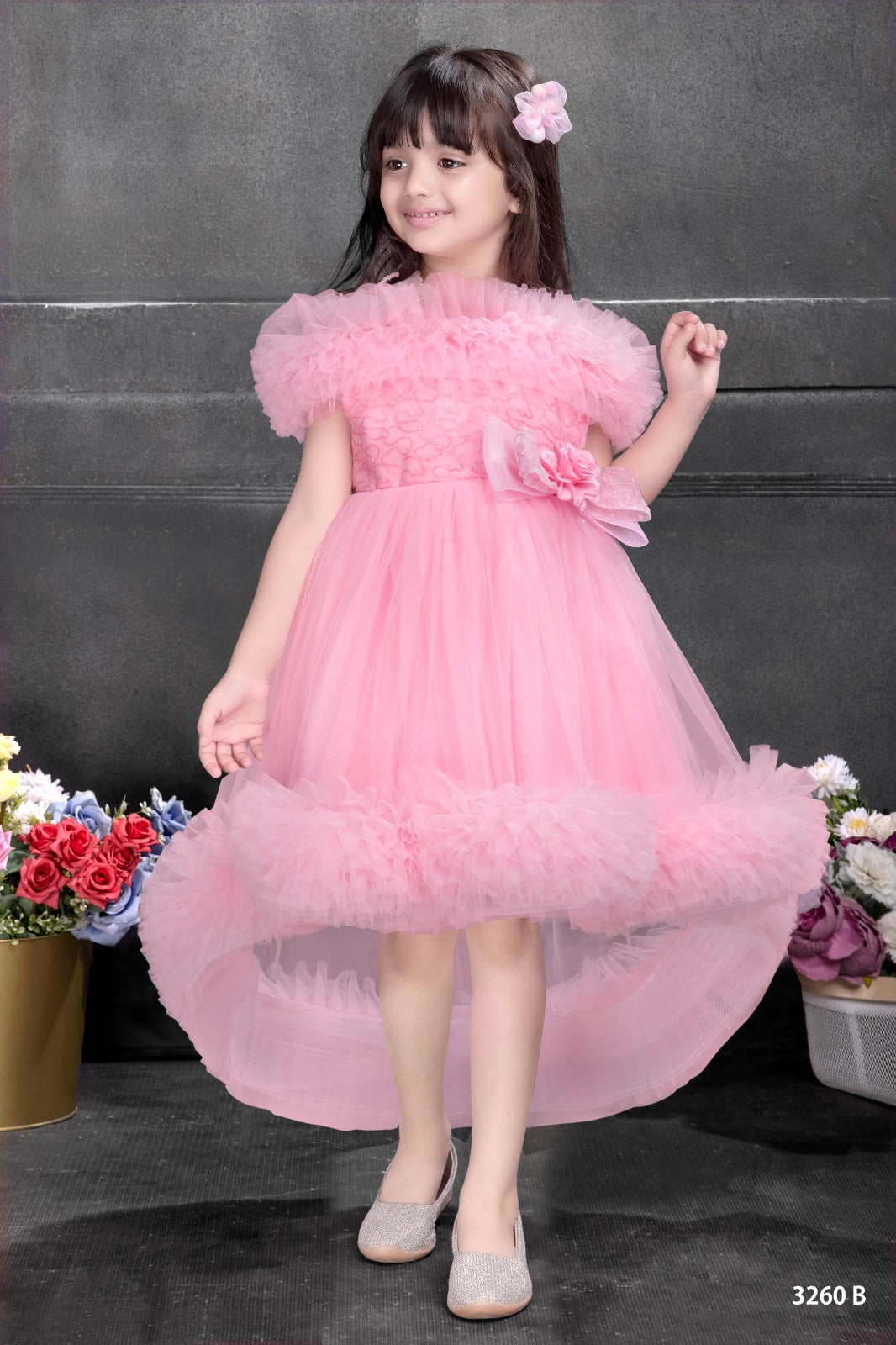Blush Pink High-Low Ruffled Tulle Princess dress for Girls