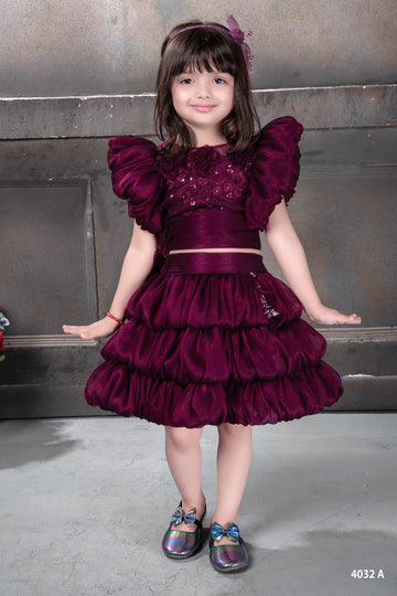 Berry Red Ruffled Puff Sleeve Party Dress for Girls