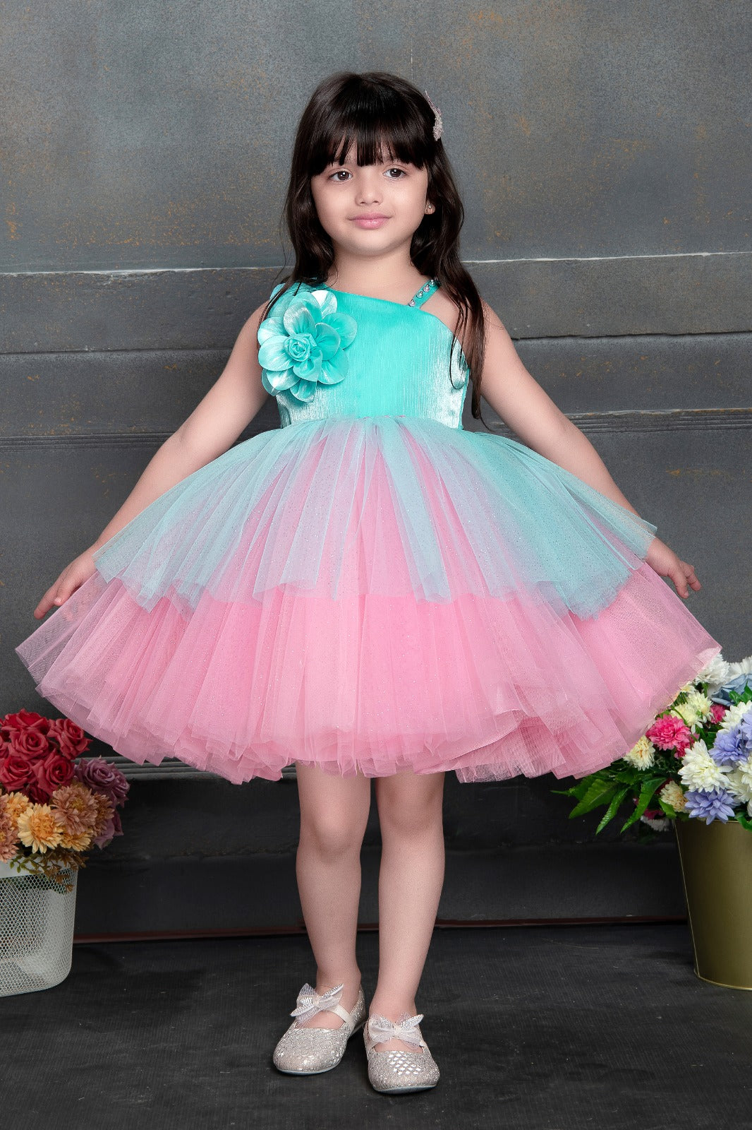 Pastel Blue and Pink Flower Tulle Party Dress for Girls - Inayah Fashion