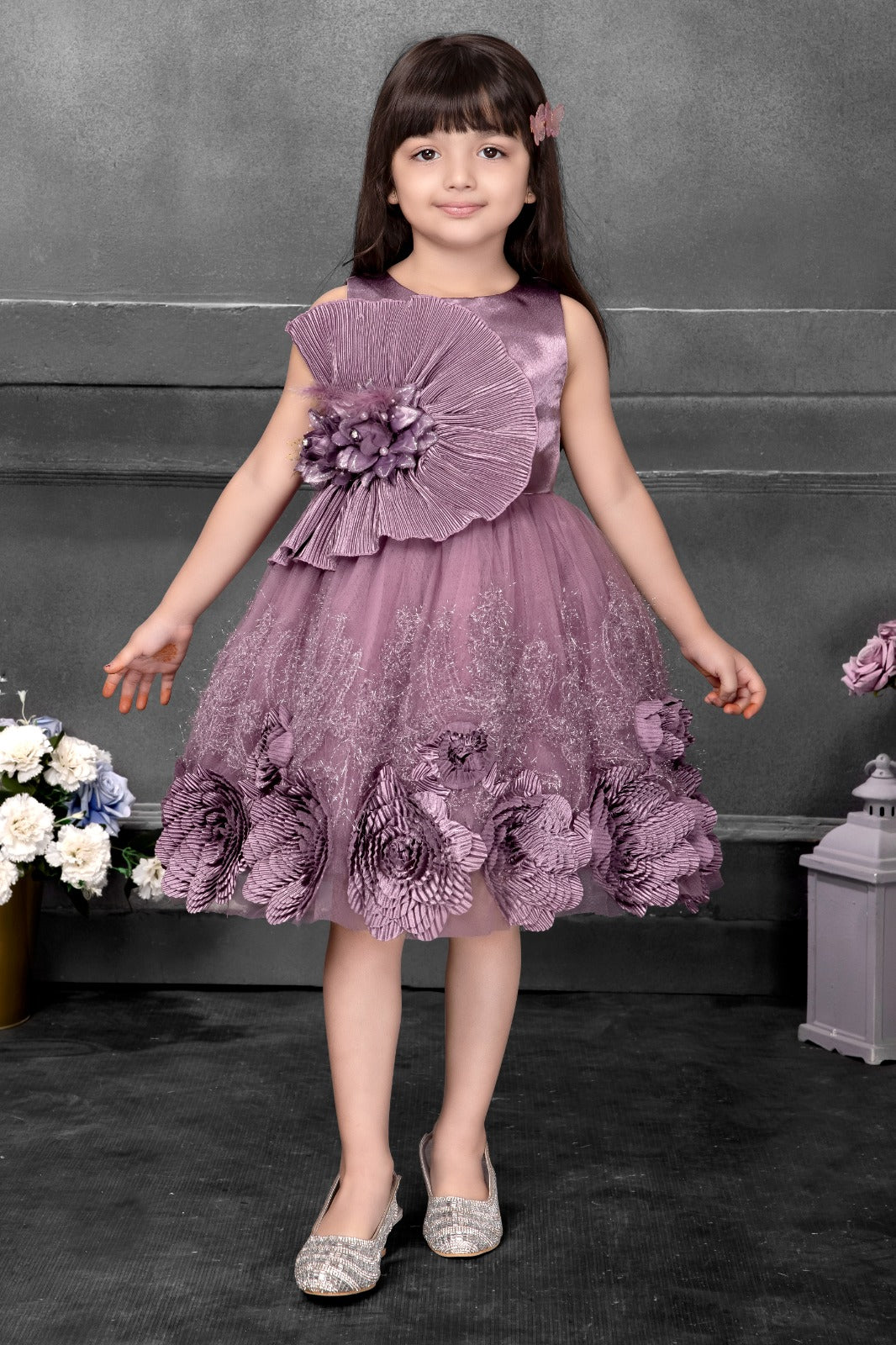 Lavender 3D Flower Gown for Girls – Designer Party Wear Dress