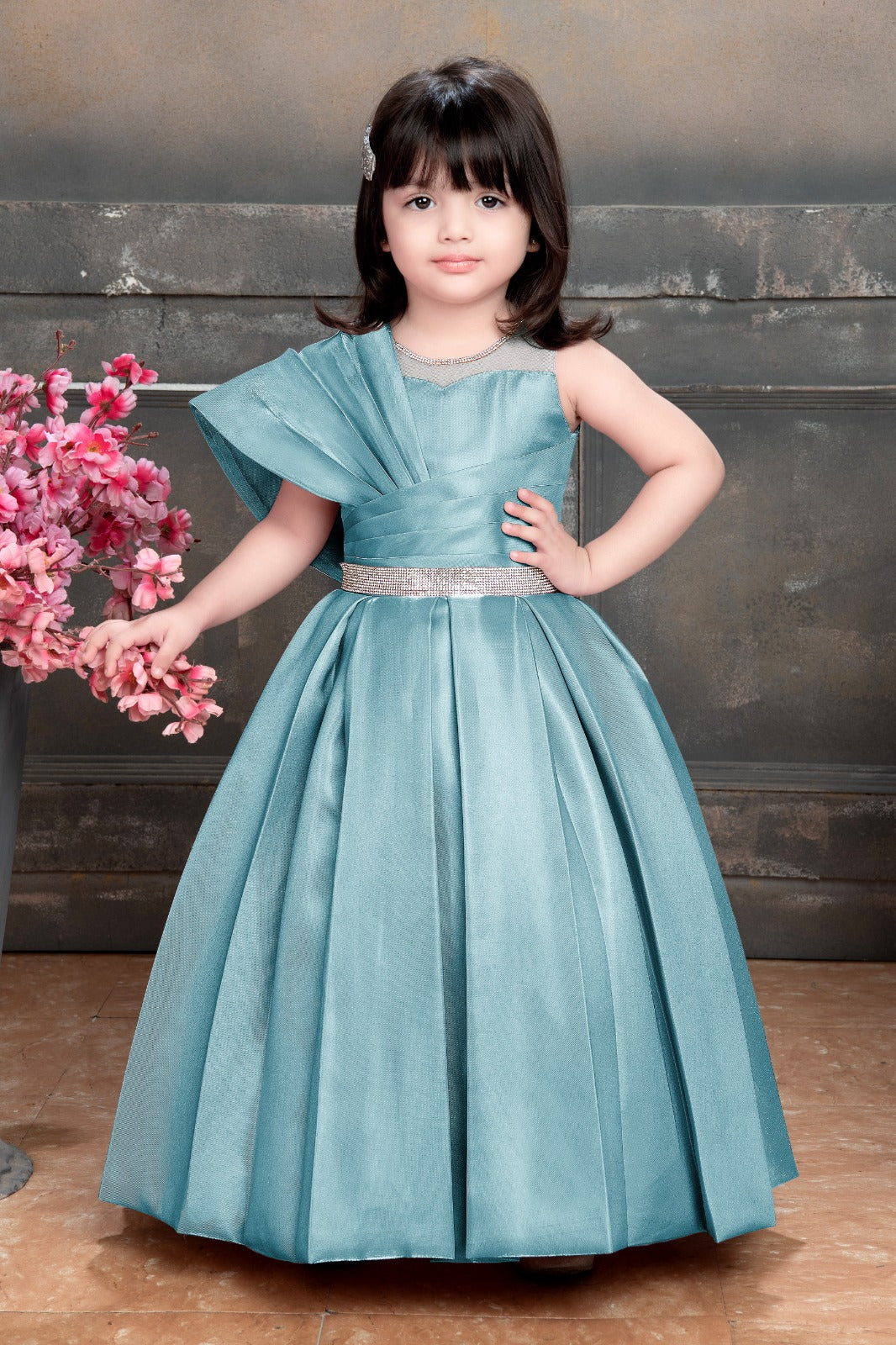 Enchanting Aqua Dream One-Shoulder Satin Gown for Little Girls - Inayah Fashion